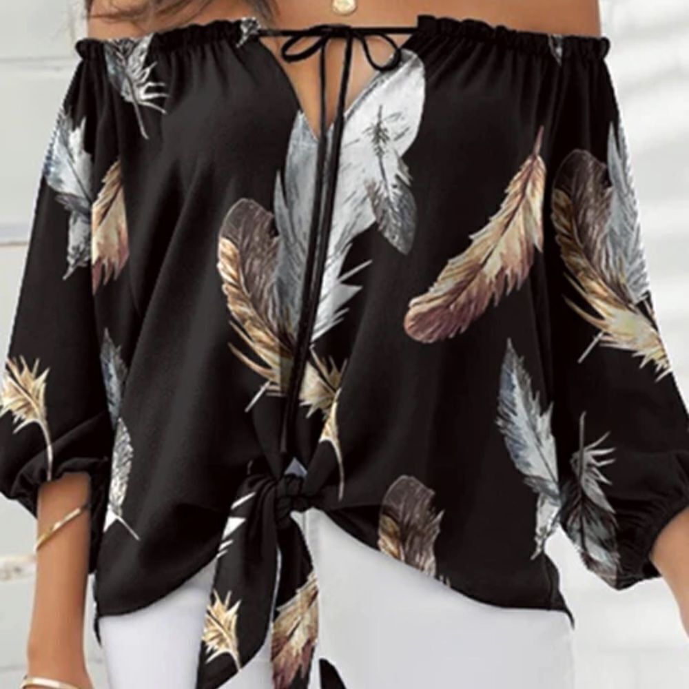 CLEARANCE ☀️ Black Off Shoulder Feather Print Tie Detail Top S - Picture 5 of 9